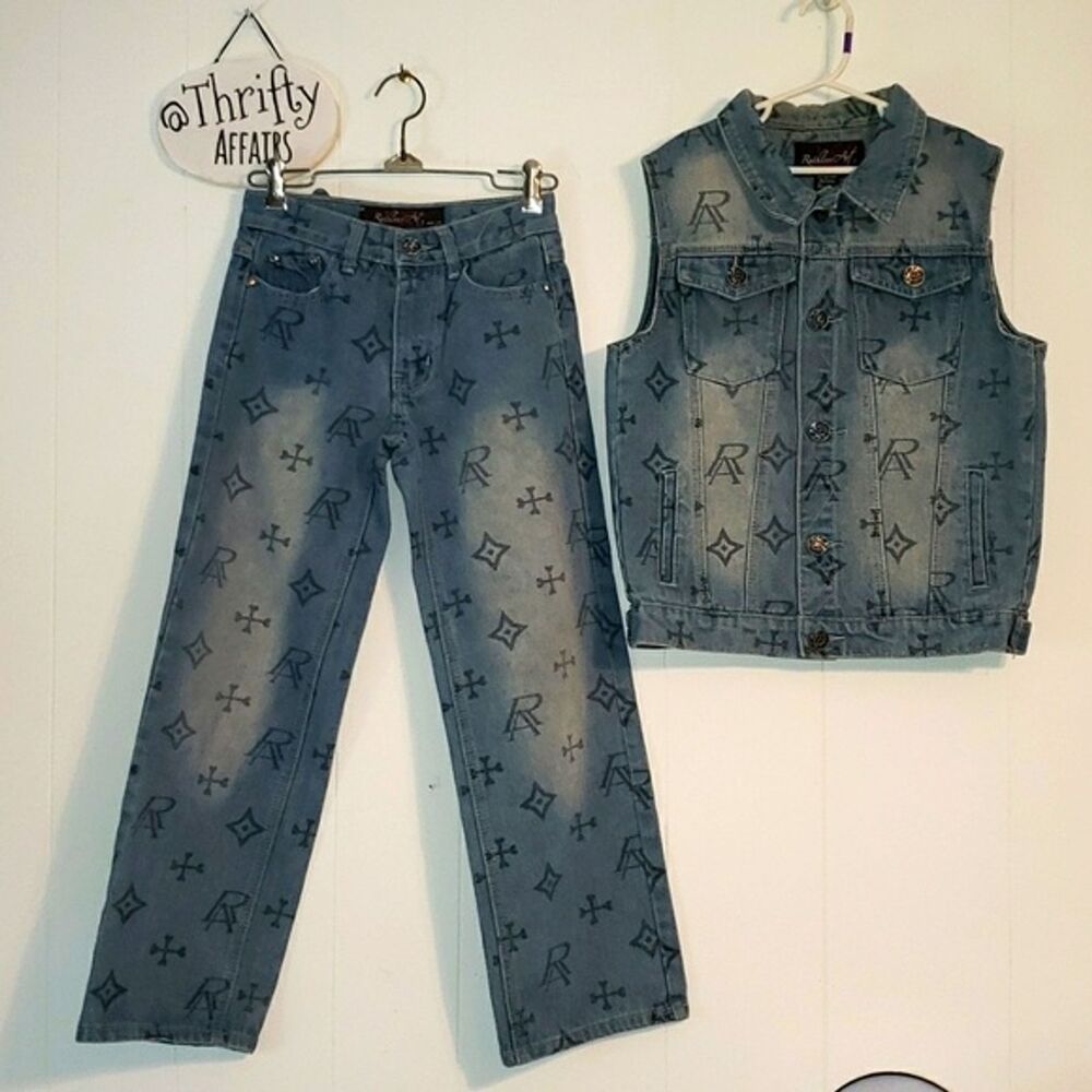 Girls Denim on Denim Set Ruthless ART VTG Logo Jeans Size 8 Vest size 12